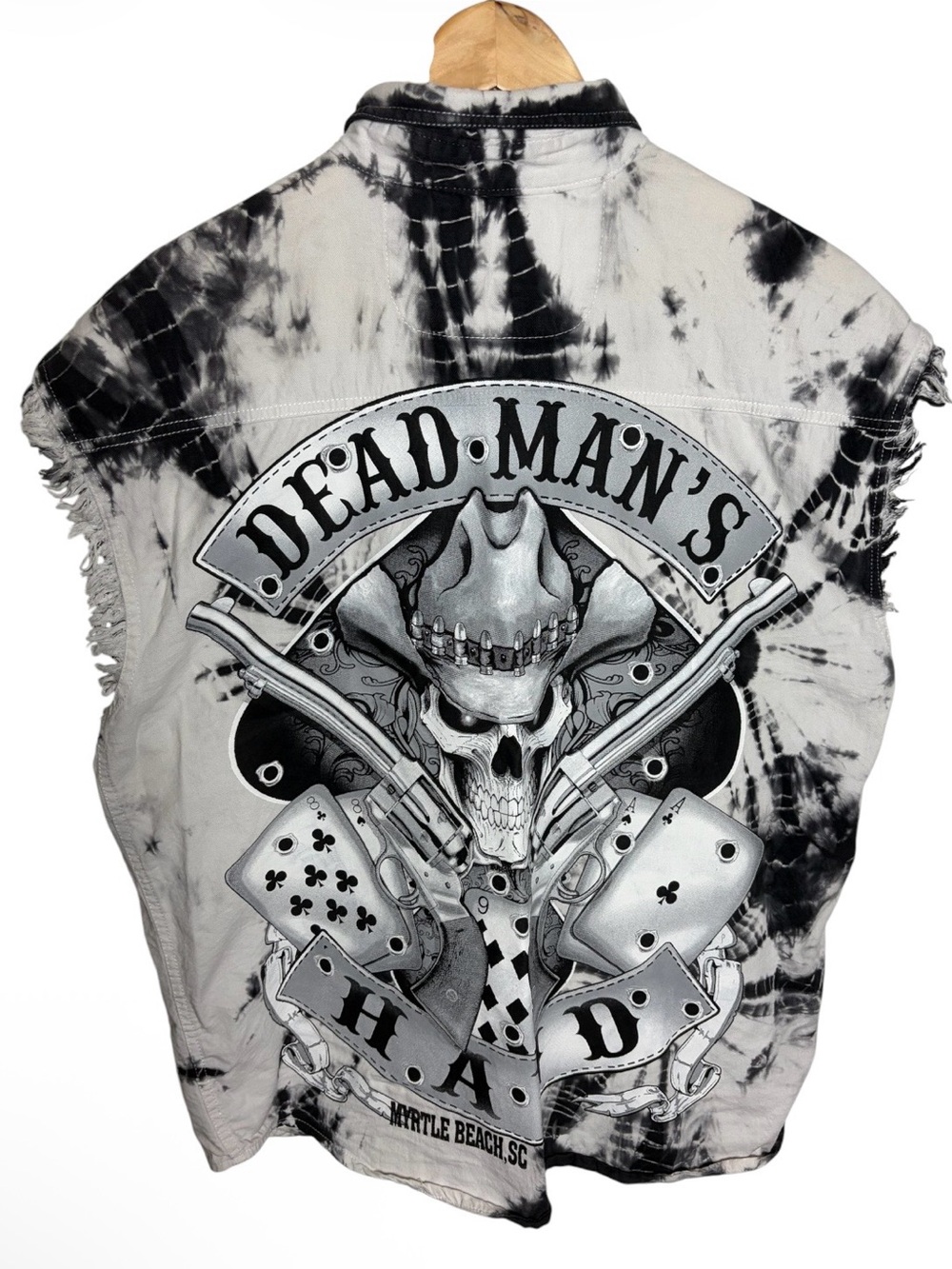 Twin V motor cycle black & white tie dye skull playing card graphic jacket L